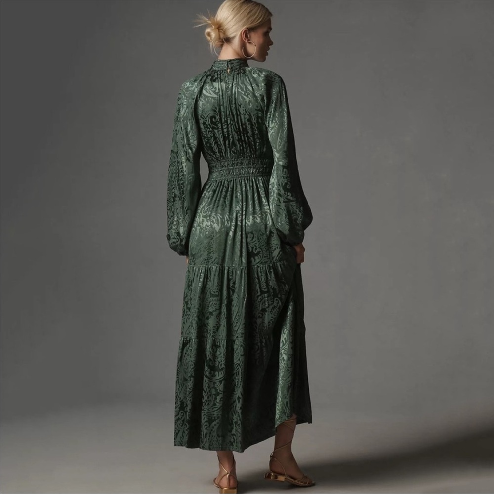 Smocked Waist Forest Green Maxi Dress with Bishop Sleeves - no tag - Picture 2 of 5